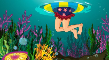 Çeşitli mercan resifleri ve insan bacakları çizimleriyle sualtı sahnesi