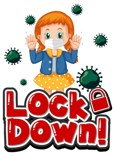 Lockdown Font Design Mit Einem Mädchen Mit Medizinischer Maske Auf — Stockvektor
