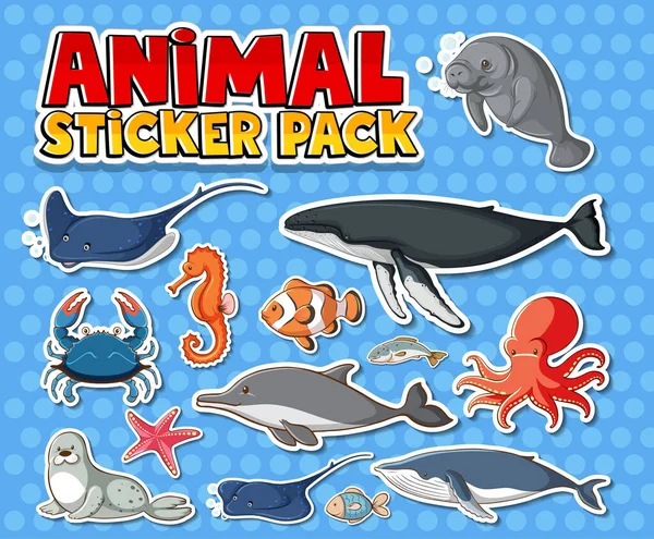 Leuke Zeedieren Sticker Pack Geïsoleerde Illustratie — Stockvector