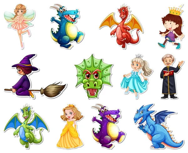Sticker Set Avec Différentes Illustrations Personnages Dessins Animés Conte Fées — Image vectorielle