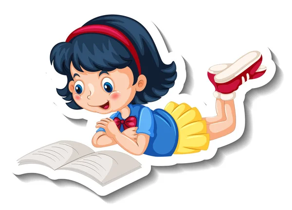 Sticker Πρότυπο Ένα Κορίτσι Που Διαβάζει Ένα Βιβλίο Κινουμένων Σχεδίων — Διανυσματικό Αρχείο