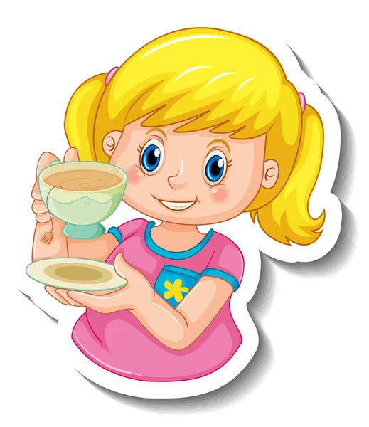 お茶のカップを持っている女の子とステッカーテンプレート孤立イラスト — ストックベクタ