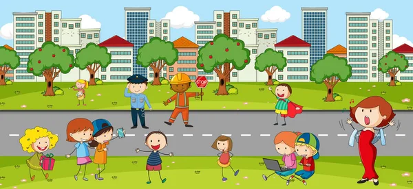 Outdoor Szene Mit Vielen Kindern Die Park Spielen Illustration — Stockvektor