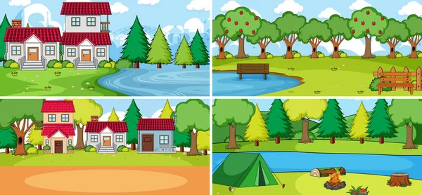 Set Different Nature Scenes Cartoon Style Illustration — Stock Vector