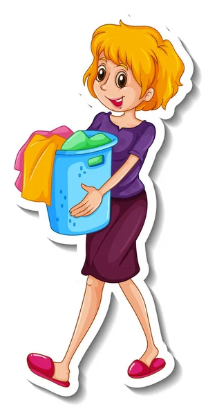 Sticker Template Woman Holding Clothes Basket Illustration — Stock Vector