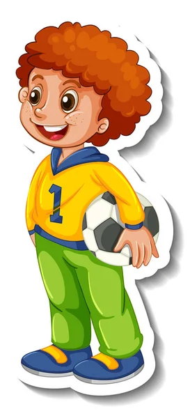 Etiqueta Engomada Plantilla Con Niño Sosteniendo Fútbol Aislado Ilustración — Vector de stock