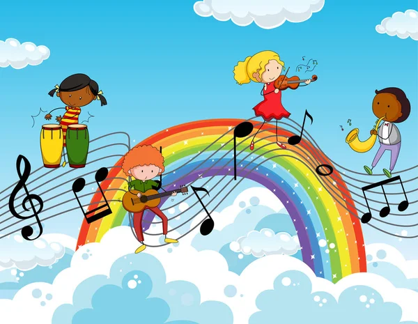 Glückliche Kinder Mit Musik Melodie Symbole Den Himmel Mit Regenbogen — Stockvektor