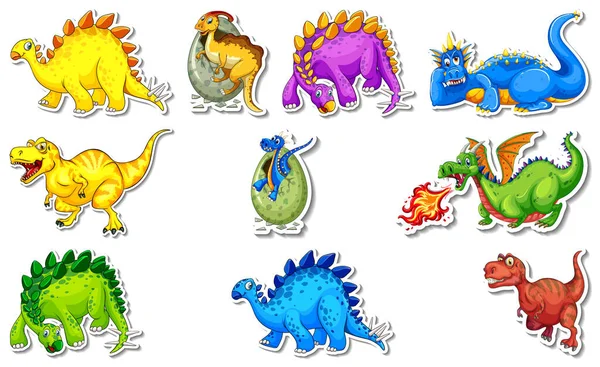 Adesivo Conjunto Com Diferentes Tipos Dinossauros Desenhos Animados Personagens Ilustração — Vetor de Stock