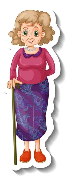 Sticker Template Old Woman Standing Pose Illustration — Stock Vector