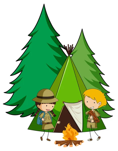 Tente Camping Avec Gribouillis Enfants Personnage Dessin Animé Illustration Isolée — Image vectorielle