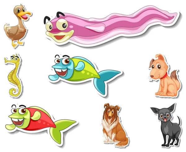 Jeu Autocollants Avec Animaux Marins Chiens Illustration Personnage Dessin Animé — Image vectorielle