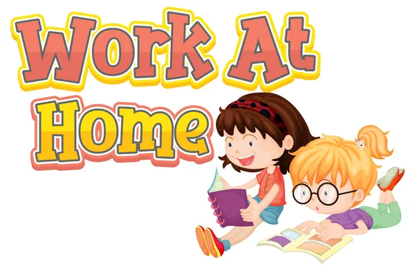 Work Home Font Design Δύο Παιδιά Διαβάζουν Βιβλία Τους Λευκό — Διανυσματικό Αρχείο