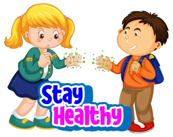 Stay Healthy Police Avec Deux Enfants Gardent Pas Distance Sociale — Image vectorielle