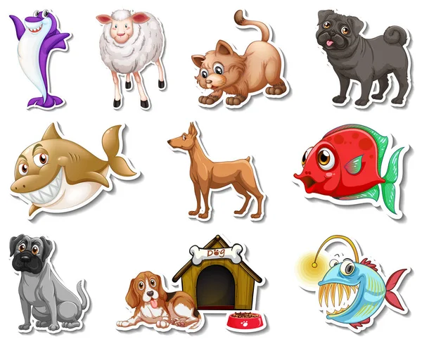 Conjunto Pegatinas Con Animales Mar Perros Ilustración Personajes Dibujos Animados — Vector de stock