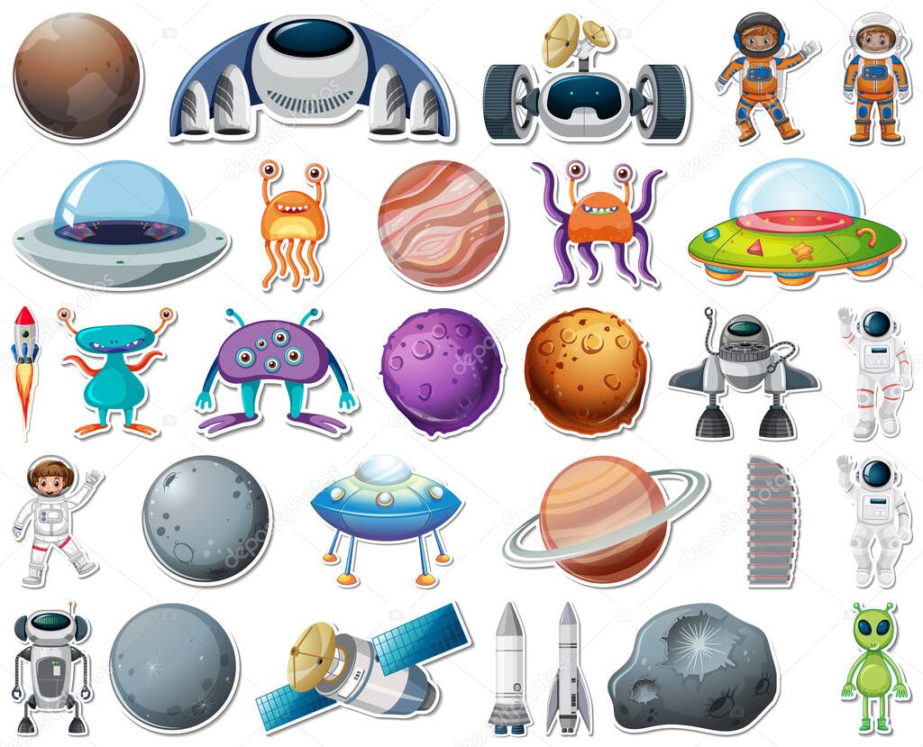 Set of stickers with Solar system objects isolated illustration