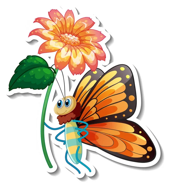 带有蝴蝶卡通人物的贴纸模板 上面挂着与花朵隔离的图解 — 图库矢量图片