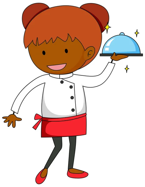 Little Chef Serving Food Cartoon Character Illustration — Stock Vector