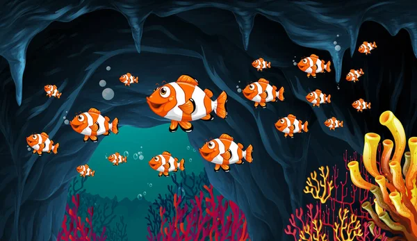 水下背景图片中的许多异国情调的鱼卡通人物 — 图库矢量图片