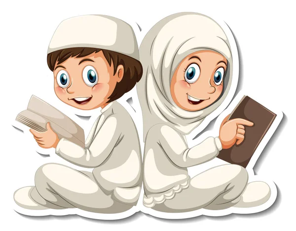 Eine Sticker Vorlage Mit Muslimischen Jungen Und Mädchen Beim Lesen — Stockvektor