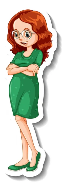 Una Plantilla Pegatina Con Una Mujer Vestida Con Vestido Verde — Vector de stock