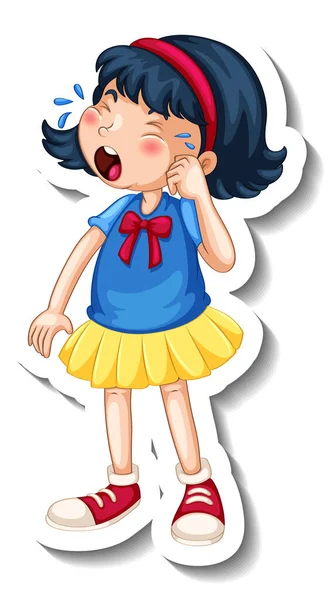 Sticker Template Girl Crying Cartoon Character Isolated Illustration — Stock Vector