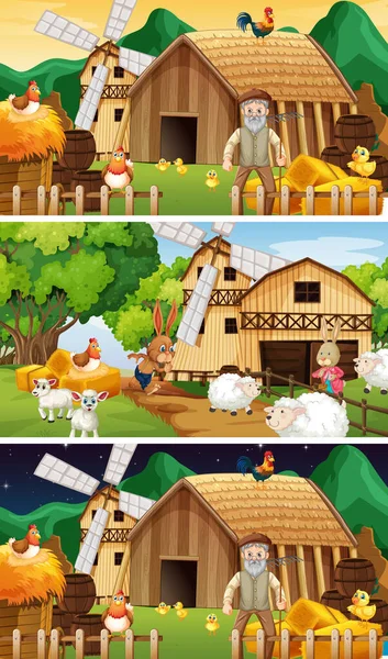 Different Farm Scenes Old Farmer Animal Cartoon Character Illustration — Stock Vector