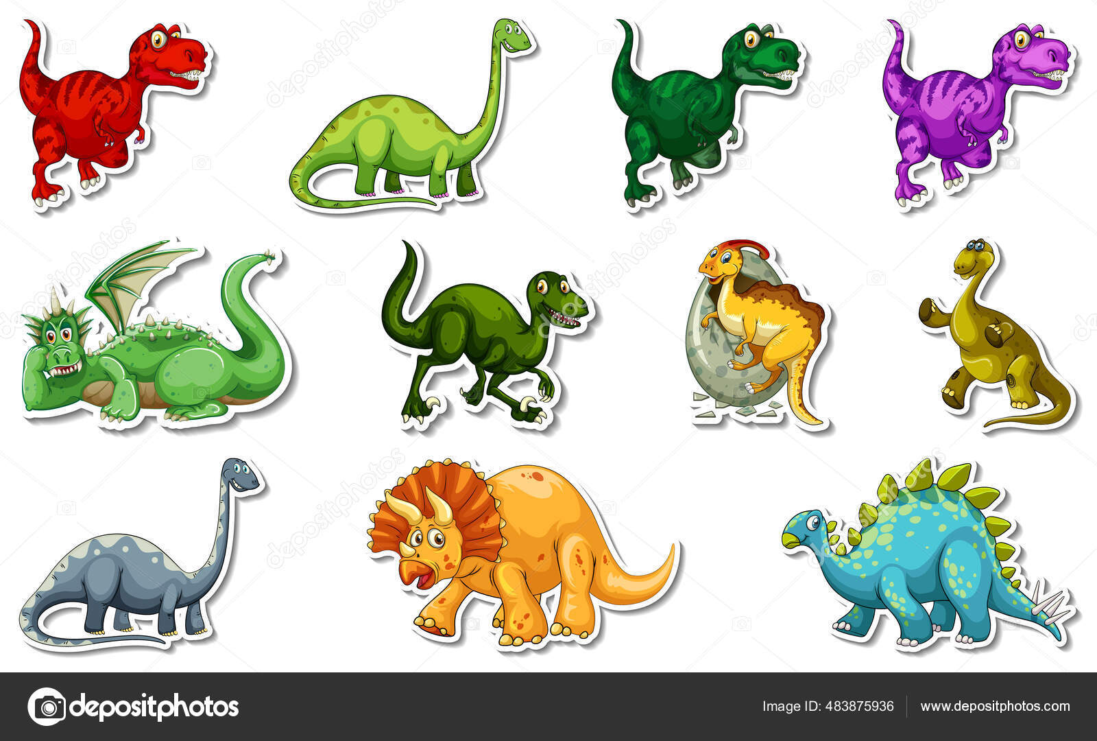 Coleção de dinossauros de desenhos animados de diferentes tipos.