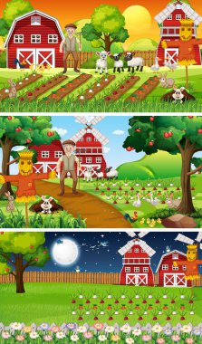 Yaşlı çiftçi ve hayvan çizgi film karakteri resimlerinin olduğu farklı çiftlik sahneleri.