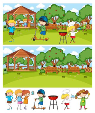 Çizik çocuklar çizgi film karakteri çizimleri ile farklı yatay sahne arkaplanı