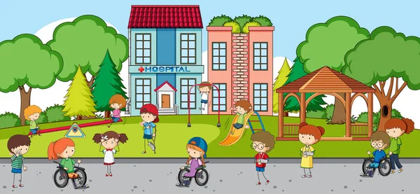 Outdoor Scene Met Veel Kinderen Spelen Het Park Illustratie — Stockvector