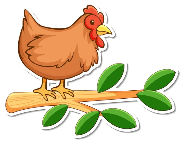 Chicken Standing Branch Sticker Illustration — Stock Vector