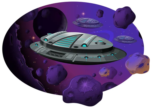Navire Spatial Avec Astéroïdes Dans Illustration Scène Galaxie — Image vectorielle