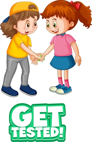 Two Kids Cartoon Character Keep Social Distance Get Tested Font — Stock Vector