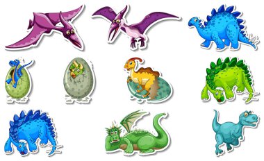 Farklı tip dinozor çizgi film karakterleri çizimleri içeren çıkartma seti