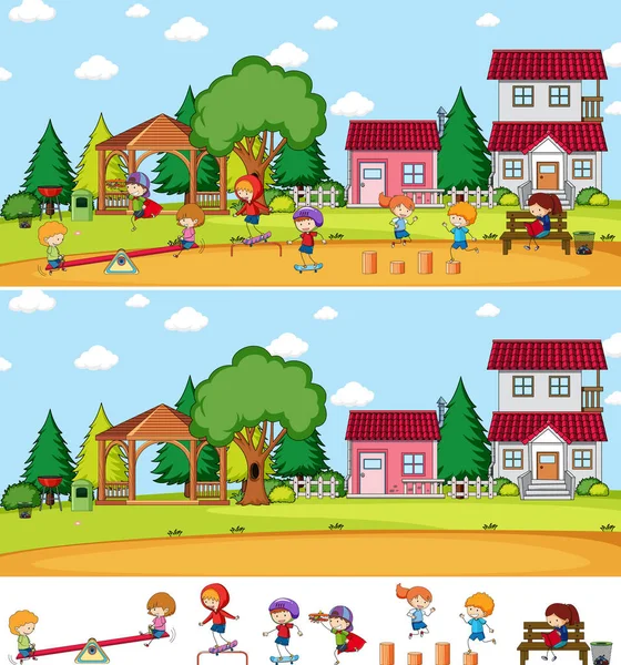多くの子供たちと遊び場のシーンは 漫画のキャラクター孤立イラストをドア — ストックベクタ