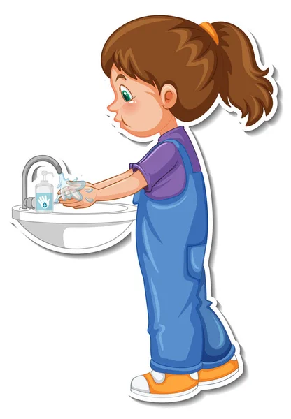 Een Sticker Sjabloon Met Een Meisje Wassen Handen Met Zeep — Stockvector