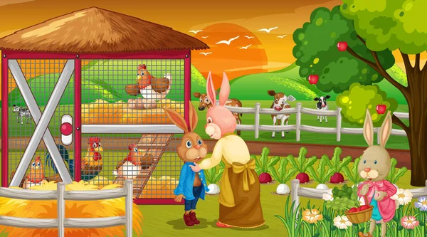 Granja Atardecer Escena Con Conejo Familia Animales Granja Ilustración — Archivo Imágenes Vectoriales