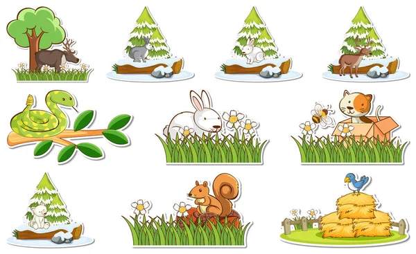 Sticker Set Met Verschillende Wilde Dieren Natuur Elementen Illustratie — Stockvector