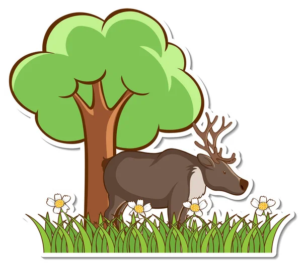 Moose Standing Grass Field Sticker Illustration — Stock Vector