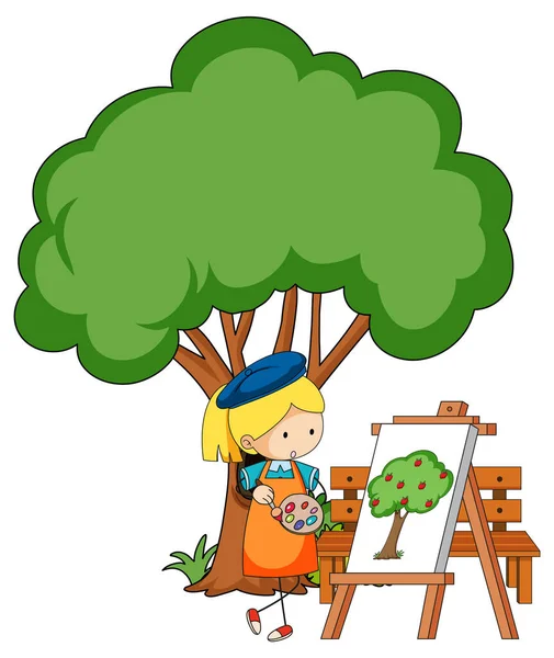 Pequeño Artista Dibujando Cuadro Árbol Aislado Sobre Fondo Blanco Ilustración — Archivo Imágenes Vectoriales