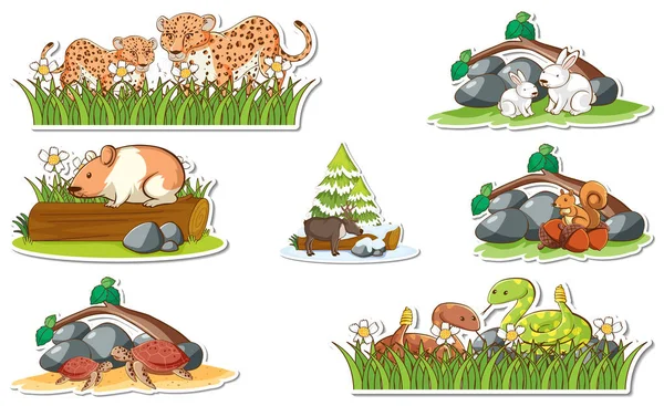 Sticker Set Met Verschillende Wilde Dieren Natuur Elementen Illustratie — Stockvector