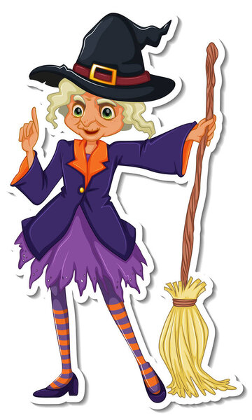 An old witch with broom cartoon character sticker illustration
