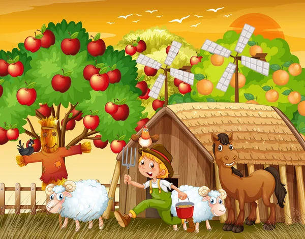 Granja Escena Con Niño Granjero Personaje Dibujos Animados Animales Ilustración — Vector de stock