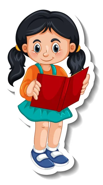 Sticker Template Girl Reading Book Cartoon Character Isolated Illustration — Stock Vector