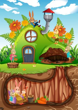 Bahçe sahnesinin zemin yüzeyine sahip yeraltı tavşan deliği.