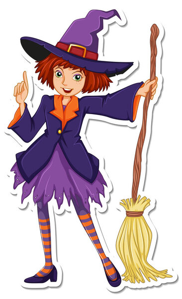 A witch with broom cartoon character sticker illustration