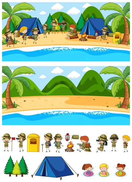 一套不同的水平海滩场景与涂鸦儿童卡通人物插图 — 图库矢量图片