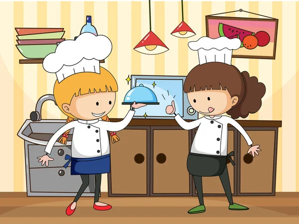 Kleine Chef Kok Keuken Scène Met Apparatuur Illustratie — Stockvector