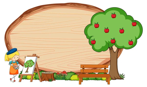 Leere Holztafel Ovaler Form Mit Kinderkritzelei Zeichentrickfigur Illustration — Stockvektor