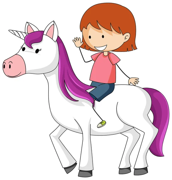 Little Girl Riding Cute Unicorn White Background Illustration — Stock Vector